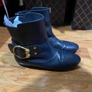 Alexander McQueen Black Leather Ankle Boots with Gold Buckle